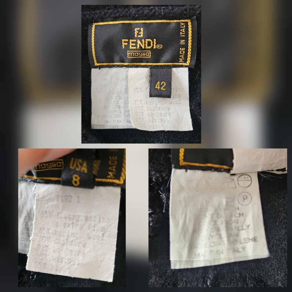 VINTAGE Fendi Cardigan Sweater Appliqué Stitched Fringe Collar Black Womens 42 8 - Picture 13 of 14